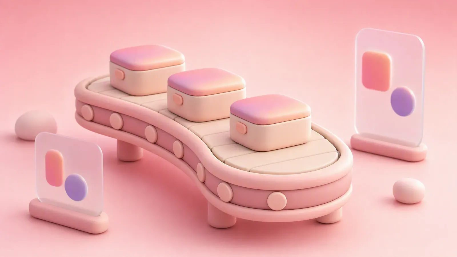 A chunky rounded conveyor belt carrying three identical boxes, representing a bounded creative-automation production line