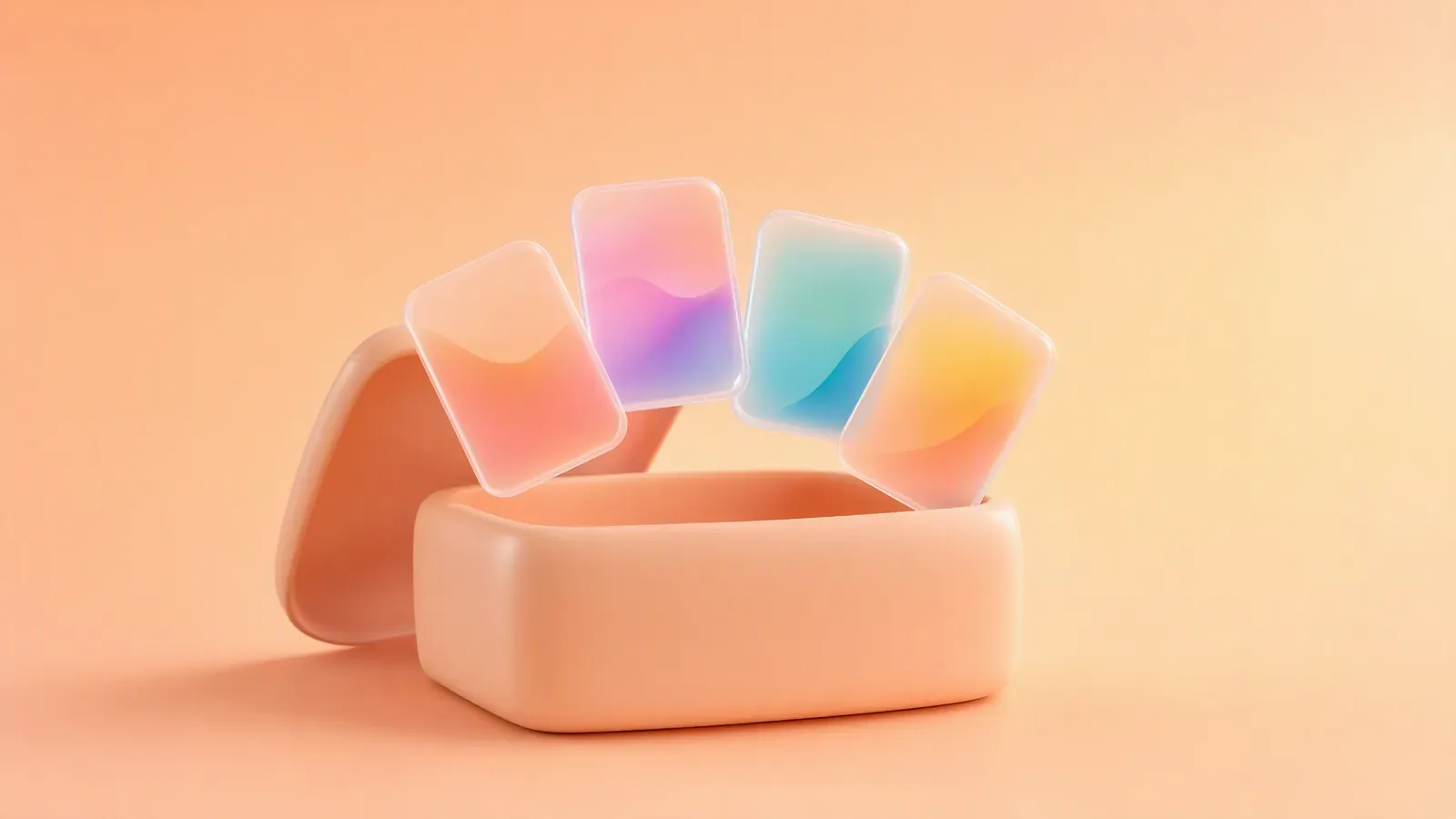 One rounded product box with translucent gradient tiles rising from it in a fan, representing a single verified product source
