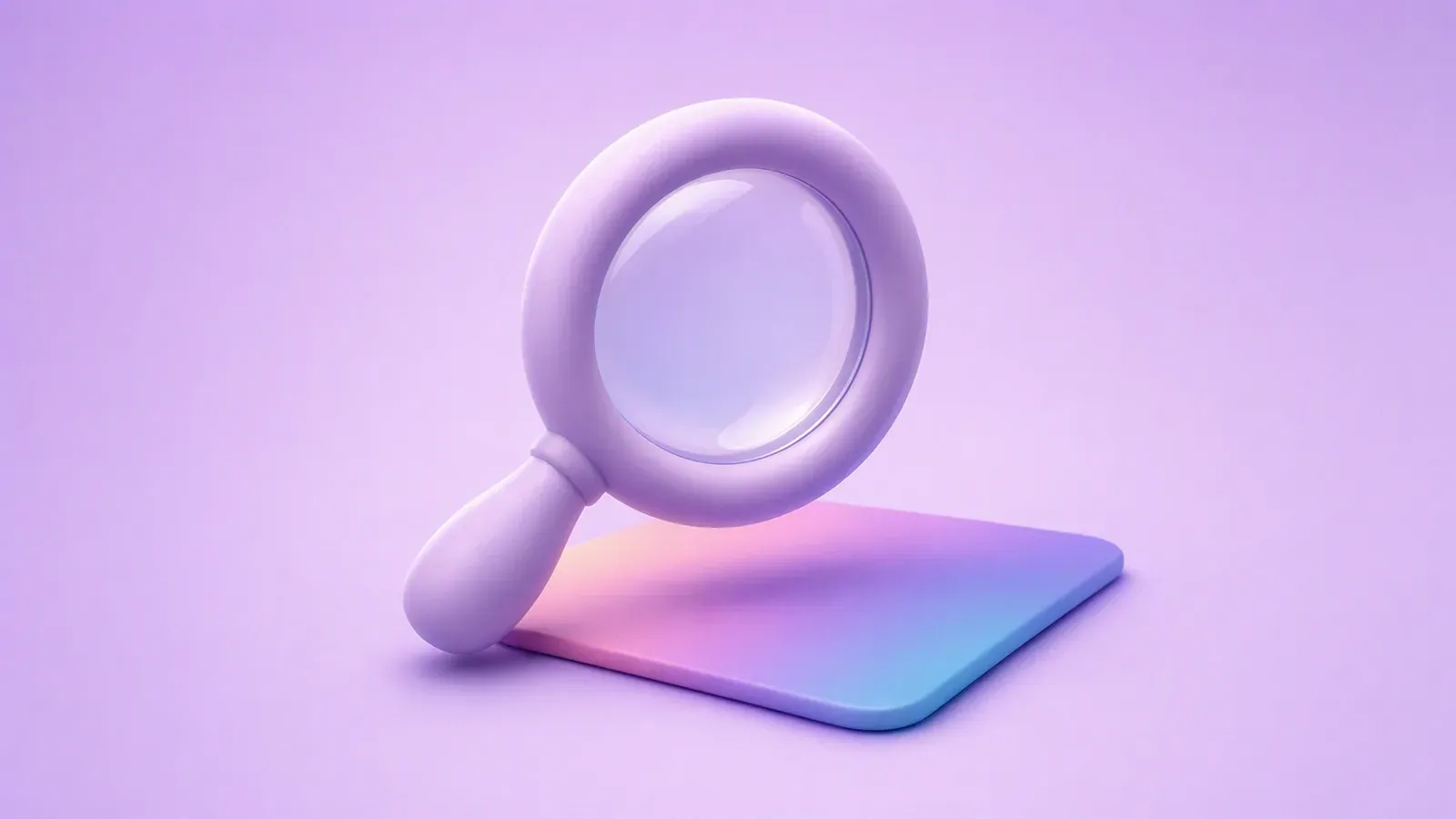 A rounded clay style magnifying glass hovering above a card with an abstract gradient fill, standing in for a closer look at ad creative choices