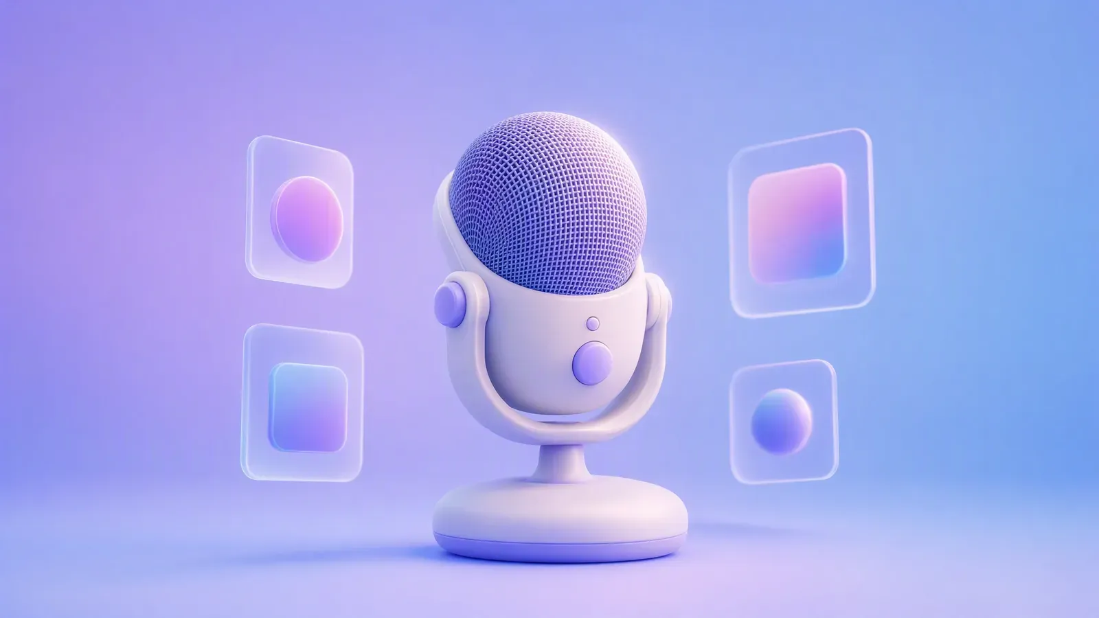 Chunky rounded studio microphone on a weighted desk stand on a periwinkle pastel gradient, representing a faceless AI marketing video workflow