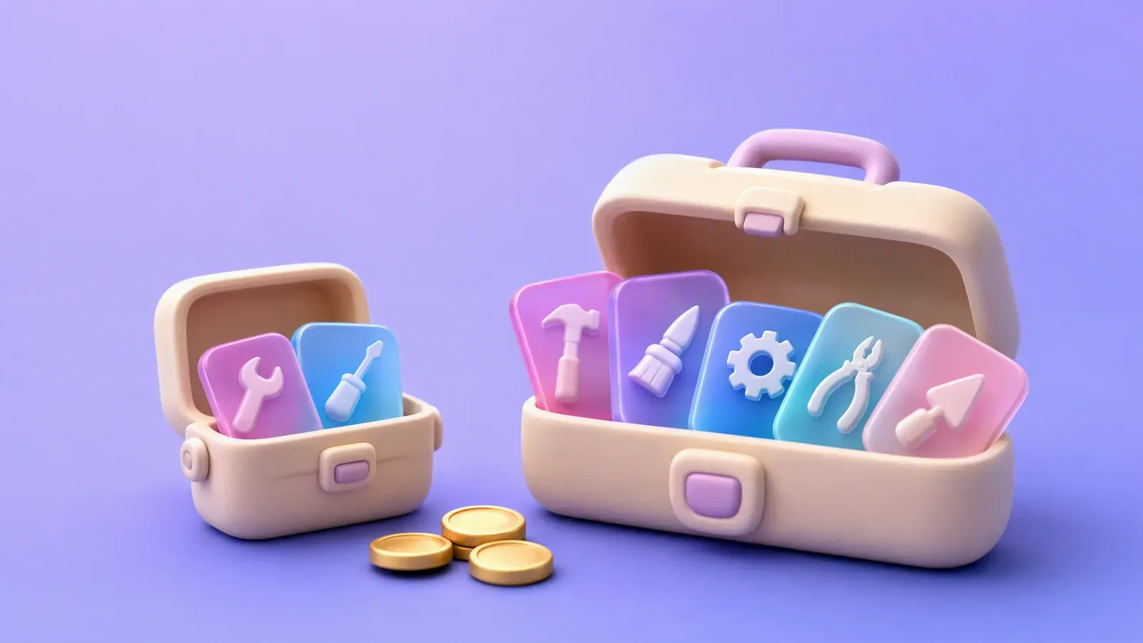 Two rounded cream toolboxes holding colorful tool cards, with three gold coins on a purple background.