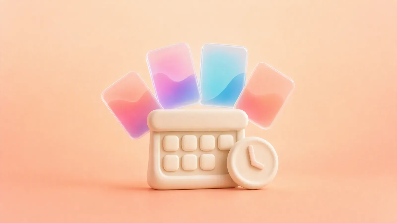 Rounded calendar and content cards representing Facebook post scheduling