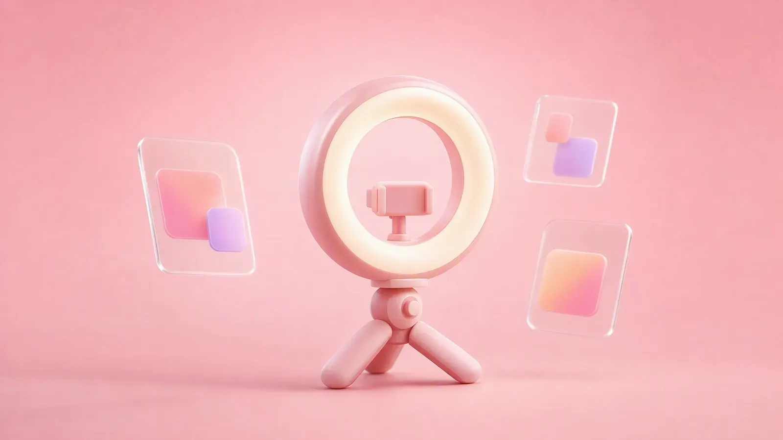A chunky clay-plastic ring light on a tripod against a blush pink gradient, representing Instagram influencer content production