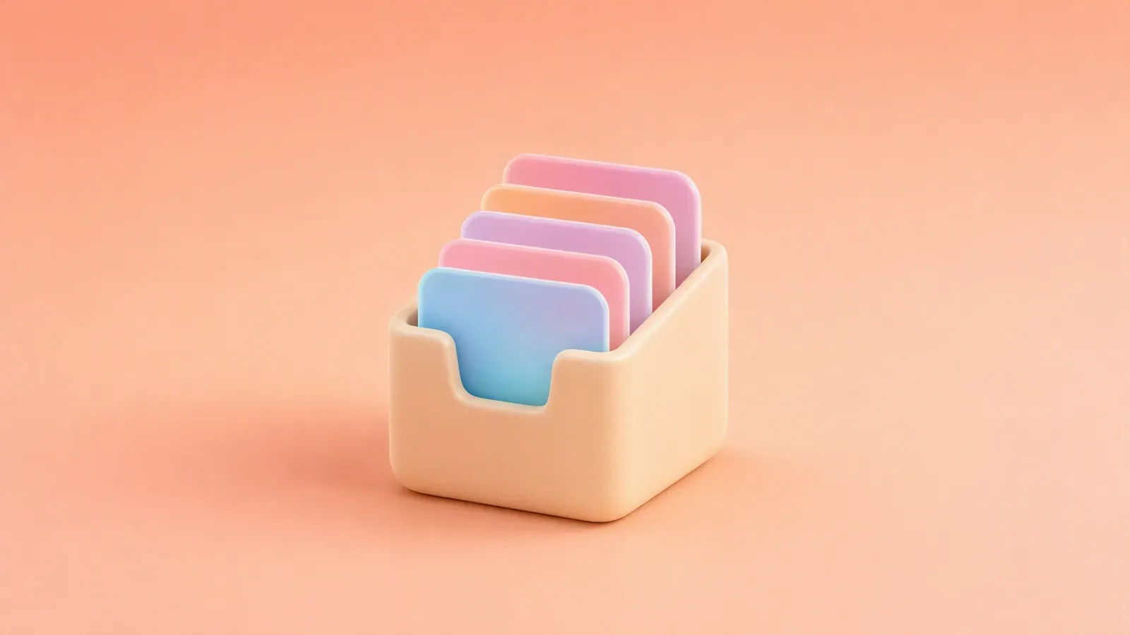 Cream clay card-catalog box holding frosted pastel cards on a blush-peach background