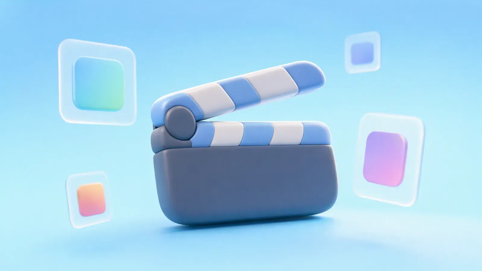 Chunky rounded film clapperboard rendered as a soft clay-plastic hero object on a sky blue gradient, representing a Kling 3 video generation for marketing