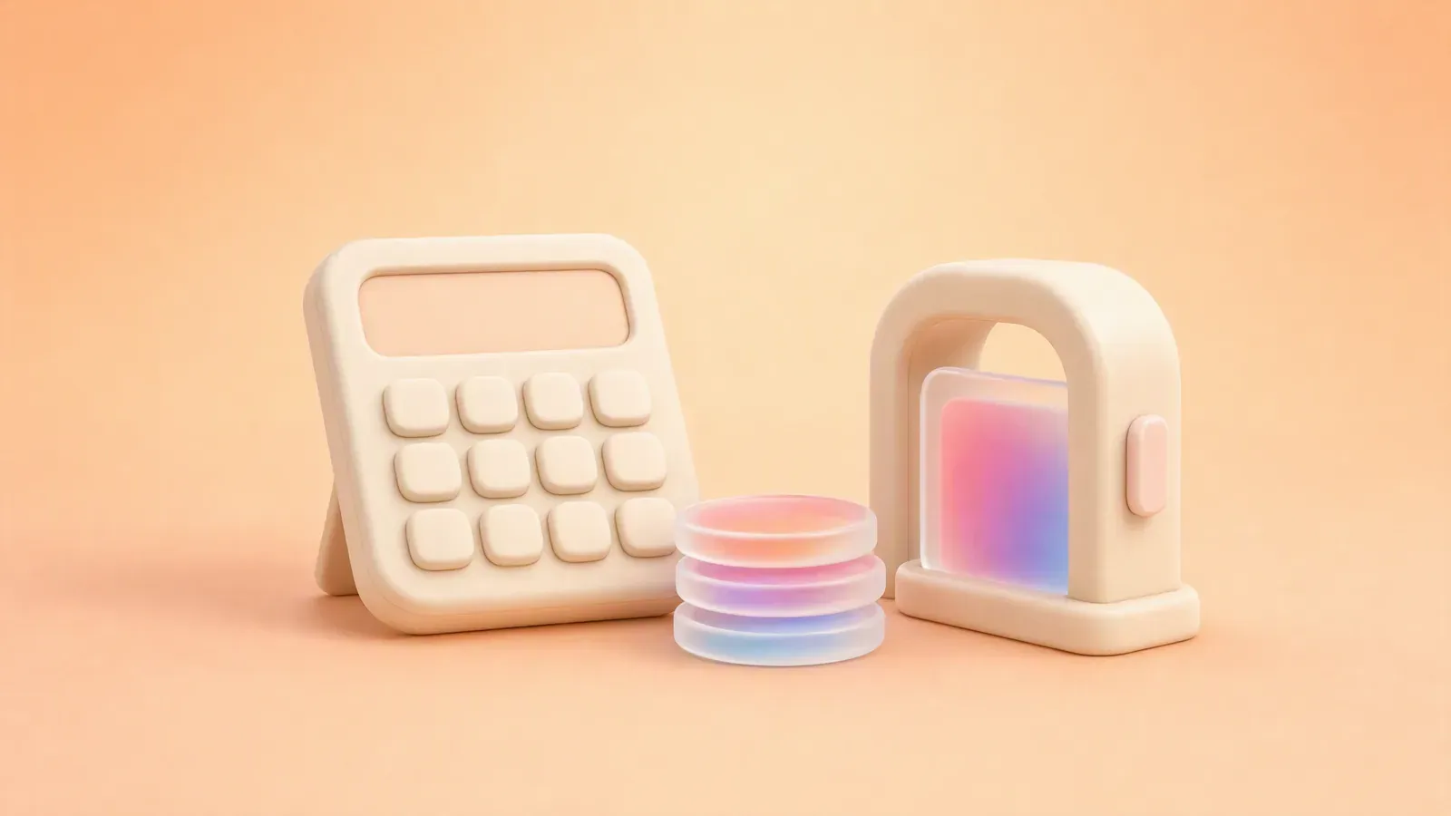 Rounded calculator, credit tokens, and approval gate representing Kling video cost