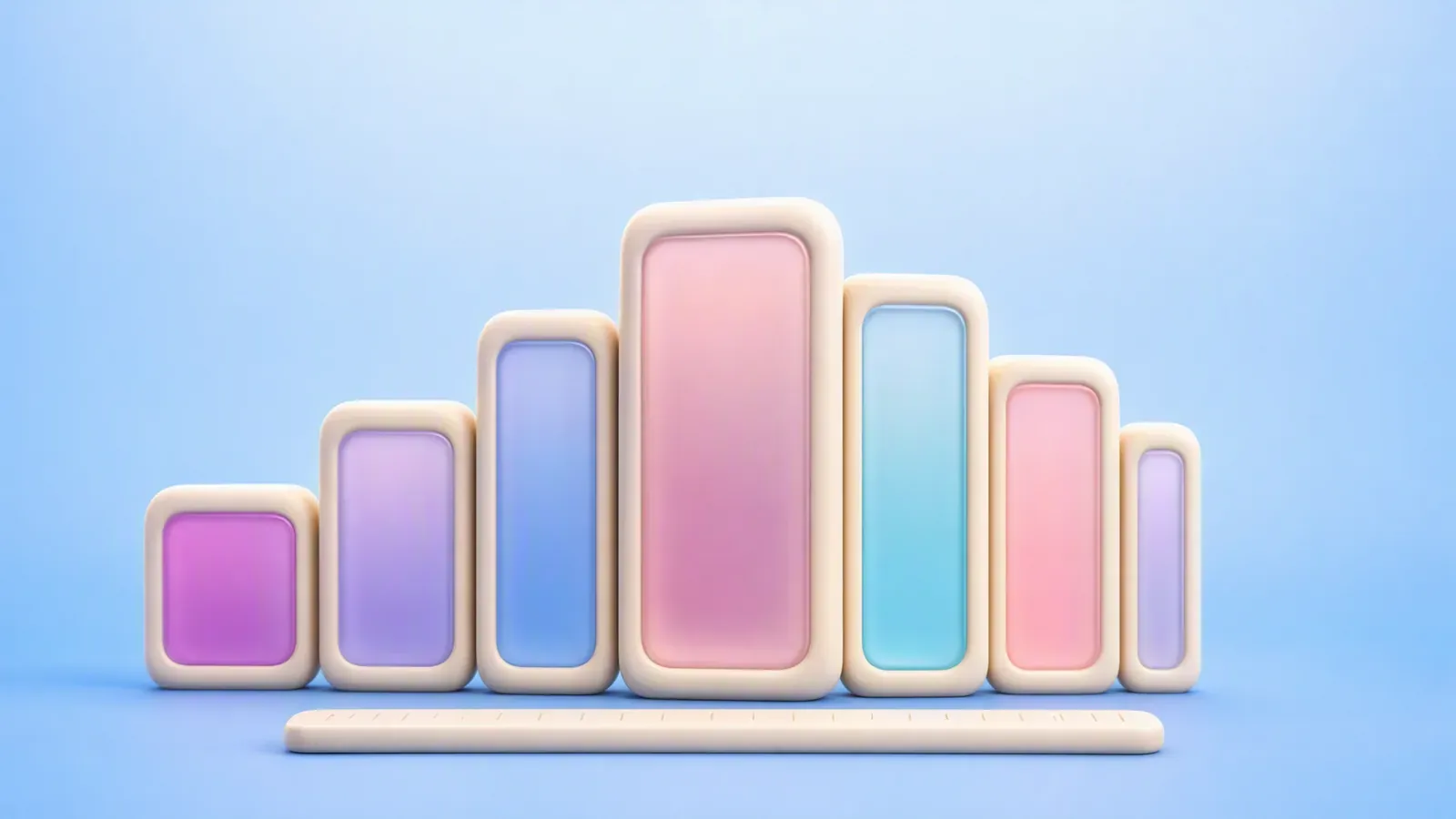 Four empty outlined ad frames in square, landscape, vertical and banner proportions overlapping as a cluster, with thin measurement ticks at the edges.