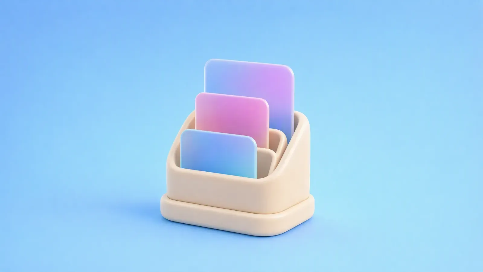Soft 3D cream file sorter holding square, portrait, and landscape frosted cards on a sky-blue background