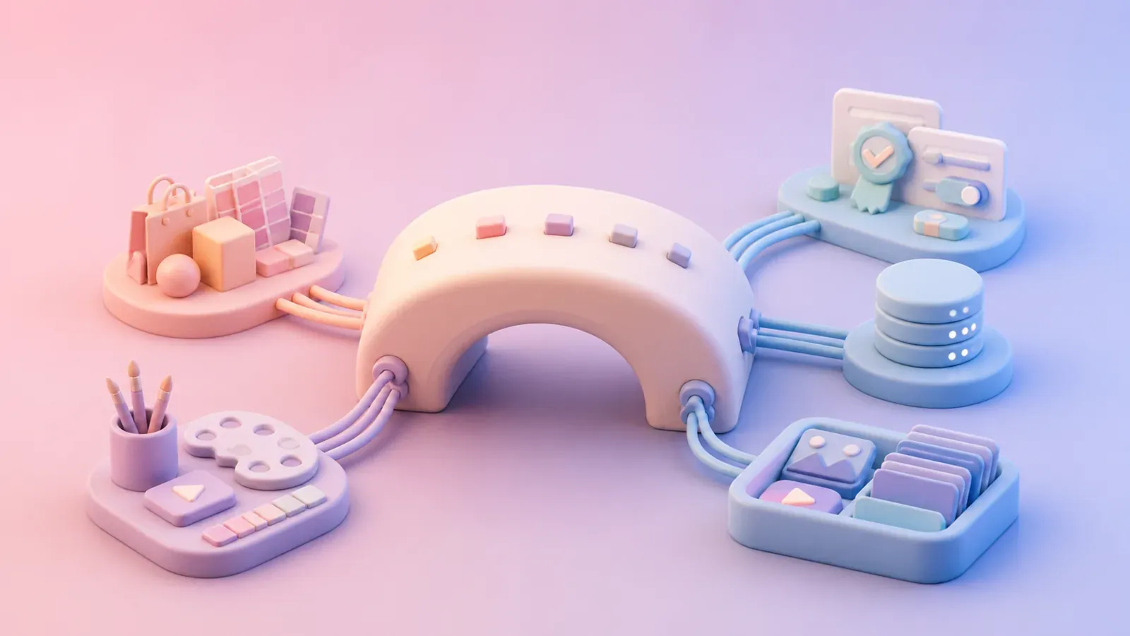 Pastel bridge connecting brand context, creative tools, durable state, and approval controls.