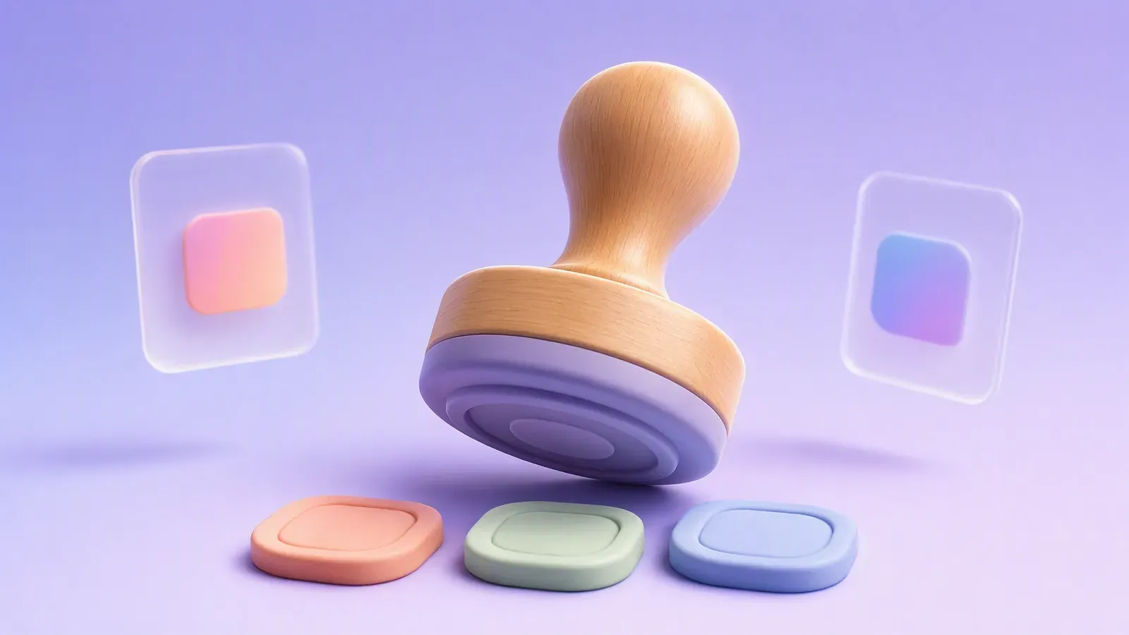A soft 3D rubber stamp above three coloured impression pads, illustrating one verified product source producing several coordinated ads.