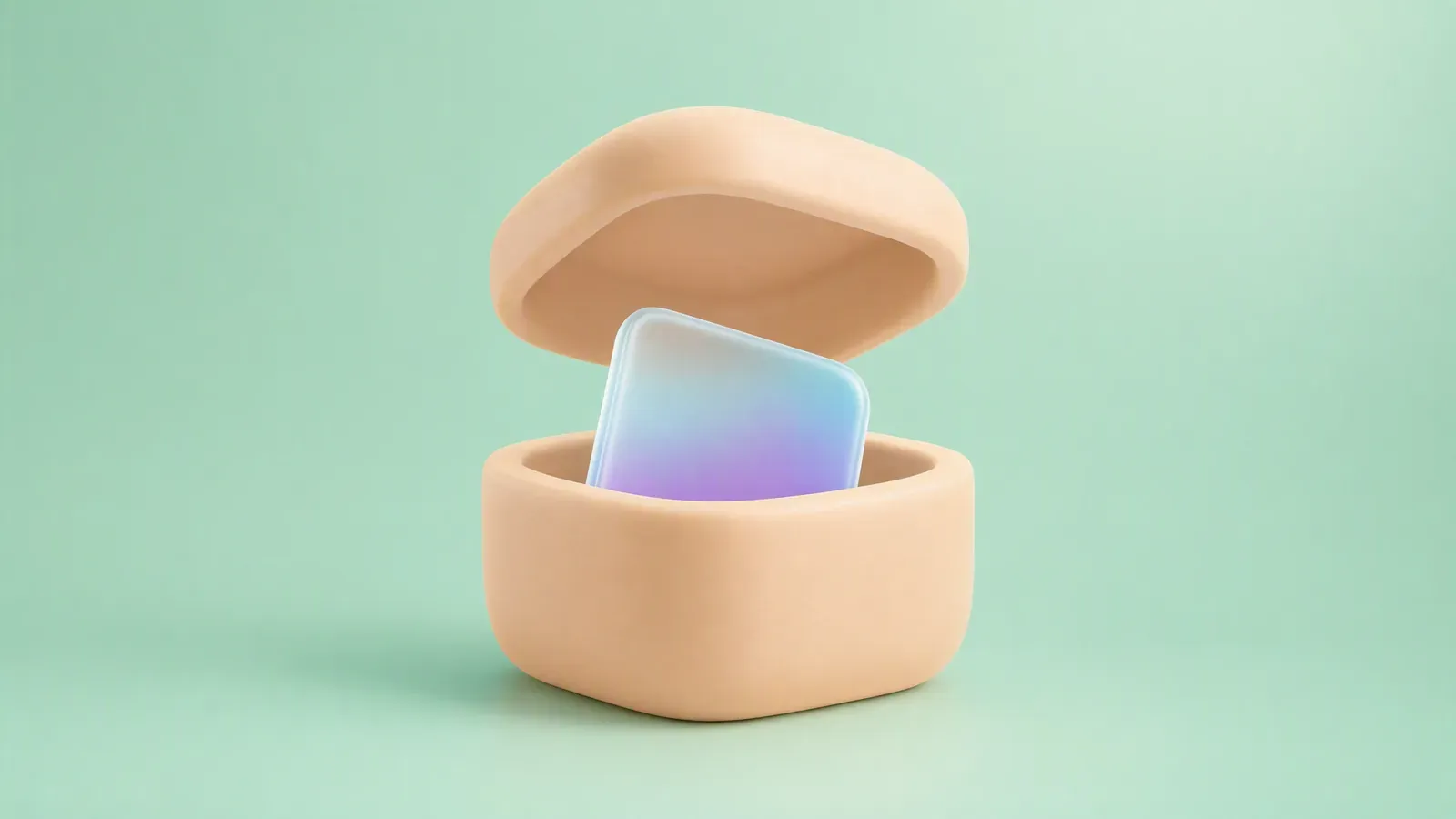 Cream clay presentation box opening to reveal a frosted gradient tile on mint