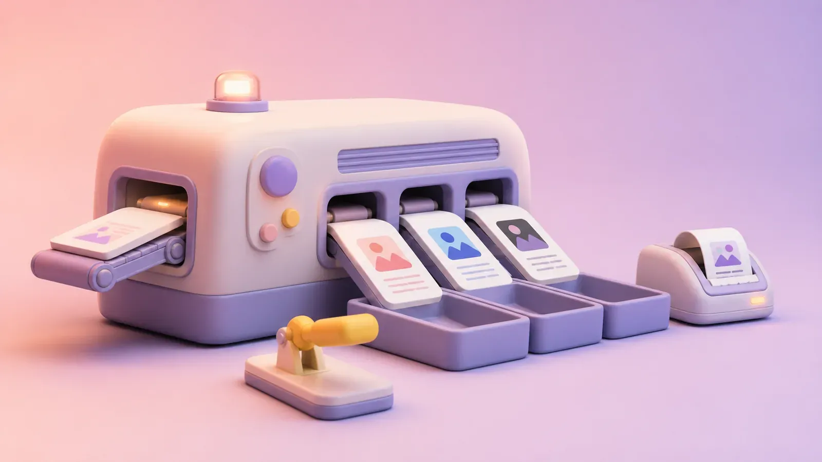 A soft 3D sorting machine turns one campaign card into three destination-specific social posts behind an approval lever
