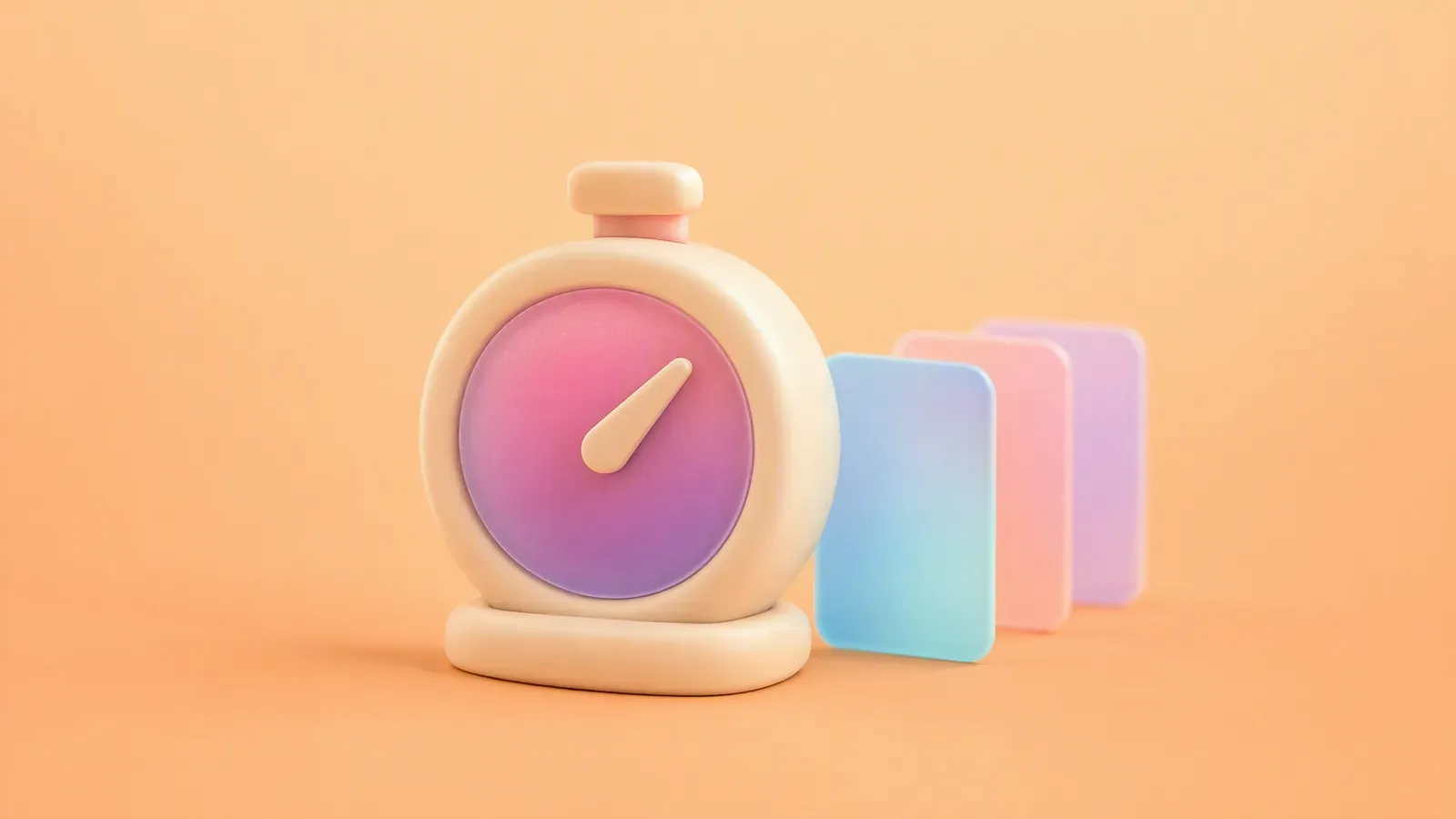 Soft 3D clay mechanical timer with a gradient dial and three gradient cards queued behind it