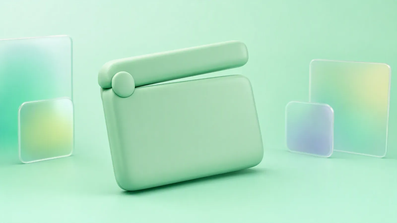 A chunky clay-plastic film clapperboard resting against a mint green pastel background, representing the choice between agency and AI video production
