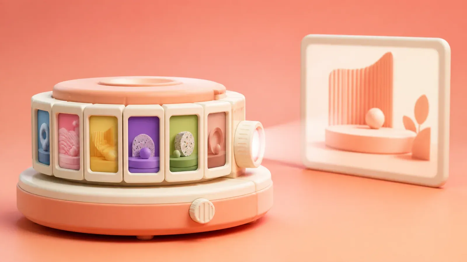 Pastel 3D reel viewer representing six reusable video-ad patterns.