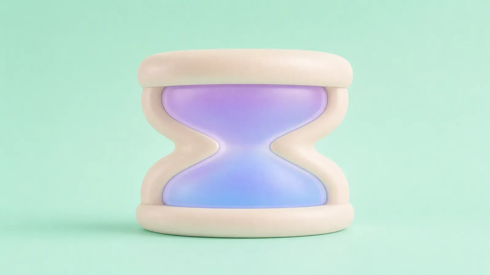 Cream clay hourglass with frosted lavender-blue chambers on a mint background