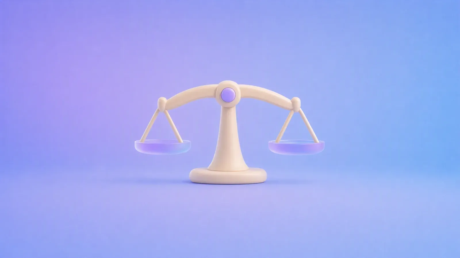 Cream clay balance scale with frosted glass pans on a periwinkle background, representing a workflow replacement decision